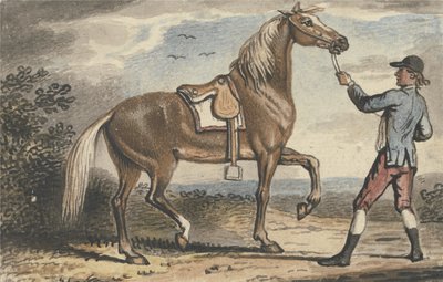 Muchacho de establo sosteniendo un caballo en un paisaje de John Collet