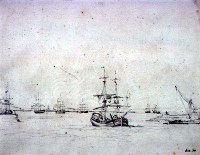 Un bergantín anclado y otros barcos en el Támesis de John Constable
