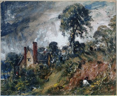 Una cabaña entre árboles, con un banco de arena de John Constable