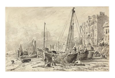 Barcos de pesca varados con pescadores reparando redes en la playa de Brighton, mirando al oeste, c.1824-28 de John Constable
