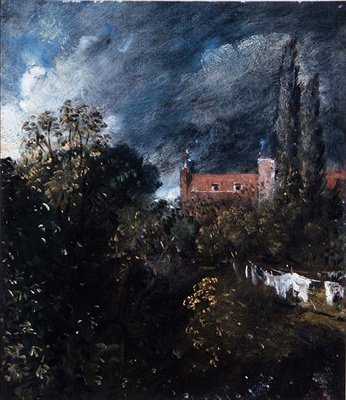 Vista en un jardín con una casa roja al fondo de John Constable