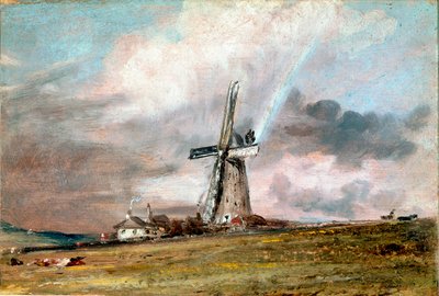Molino de viento, casas y arco iris de John Constable