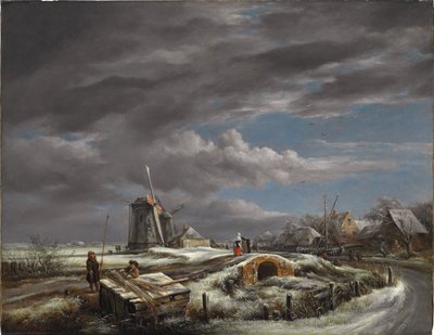 Paisaje de invierno con figuras en un camino, un puente peatonal y molinos de viento al fondo de John Constable