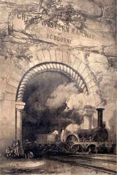Locomotora Acheron 2-2-2 emergiendo de un túnel cerca de Bristol, frontispicio de La Historia y Descripción del Gran Ferrocarril del Oeste, 1846 de John Cooke Bourne