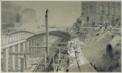 Construcción de los muros de contención en Park Street, Camden Town, septiembre de 1836 de John Cooke Bourne