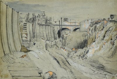 Construcción del ferrocarril de Londres y Birmingham, hacia 1835 (lápiz y aguada sobre papel) de John Cooke Bourne