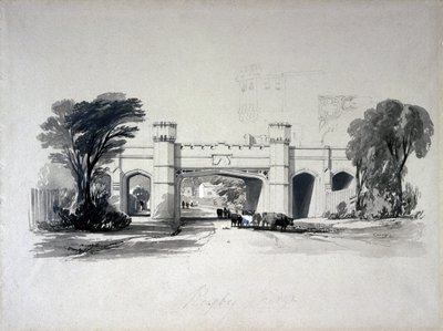Puentes ferroviarios de Rugby vistos desde la carretera, Warwickshire, abril de 1839 de John Cooke Bourne