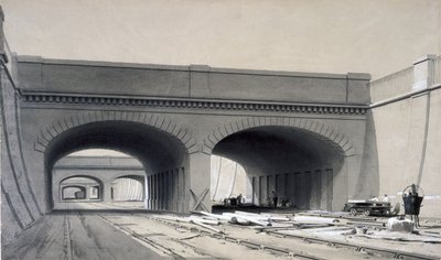 Vista cerca de la estación de Euston con tres puentes elevados, septiembre de 1837 de John Cooke Bourne