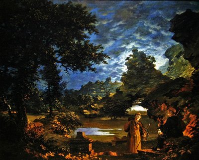 Monjes con una Linterna en un Paisaje Rocoso a la Luz de la Luna de John Cranch