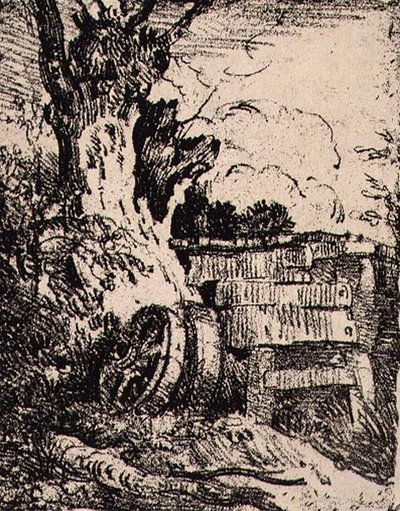 Ruedas de carro cerca de un árbol, pub. por J. & W. Freeman de John Crome