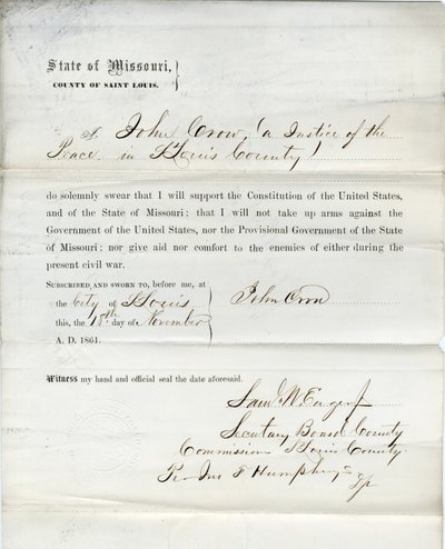 Juramento de lealtad de John Crow de Missouri, Condado de St. Louis de John Crow