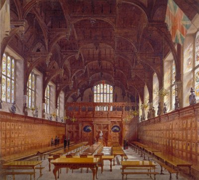 Vista interior del Middle Temple Hall desde la mesa alta con figuras, Londres, 1884 de John Crowther