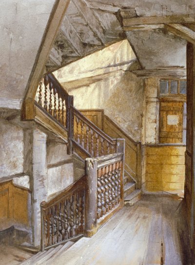 Vista interior de una escalera en una casa en White Lion Court, Westminster, Londres, 1880 de John Crowther