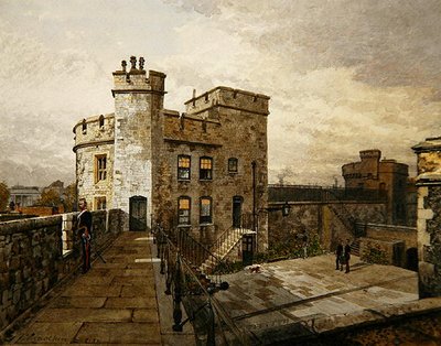 Vista de la Torre Devereux, Torre de Londres, con figuras en ropa militar de John Crowther