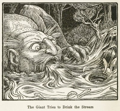 El gigante intenta beber del arroyo, de El libro de hadas de Europa, pub. 1916 (grabado) de John Dickson Batten