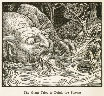 El gigante intenta beber del arroyo, del libro de cuentos de hadas de Europa de John Dickson Batten