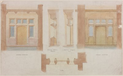 Elevación, sección y plano de la entrada principal de Holme Eden de John Dobson