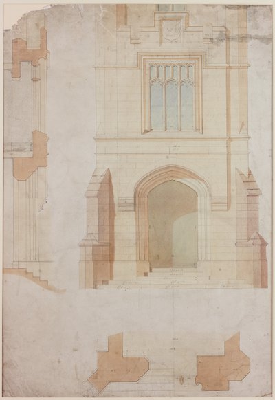 Elevación, sección y plano de la entrada principal de Holme Eden de John Dobson