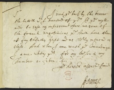Cotton Julius C. III, f.153 Carta autógrafa de John Donne a Sir Robert Cotton, escrita desde la prisión, 20 de febrero de 1601 (tinta sobre papel) de John Donne