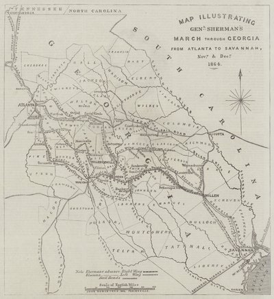 Mapa que ilustra la marcha del General Sherman a través de Georgia desde Atlanta hasta Savannah, noviembre y diciembre de 1864 de John Dower