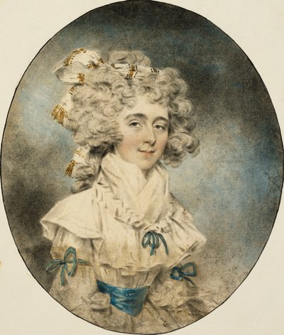 Retrato de la Sra. Fisher, medio cuerpo, con un Vestido Blanco Adornado con Cintas Azules, 1788 de John Dowman