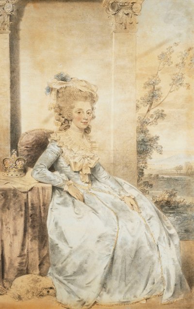Retrato de la Reina Carlota, sentada junto a una mesa con un paisaje al fondo, 1784 de John Dowman