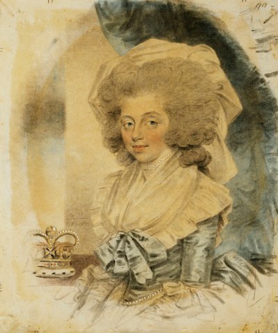 Retrato de la Reina Carlota, medio cuerpo pequeño con un vestido azul y blanco, su corona a su lado, 1787 de John Dowman