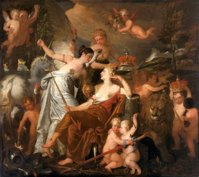 Una princesa tardía personificando la paz coronando la gloria de Inglaterra reflejada en Europa de John Downman