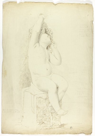 Antigua estatua de un putto sentado jugando con una máscara de John Downman