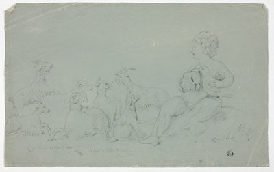 Antiguo Bajo Relieve con Niño Sentado Sosteniendo un Halcón y Acompañado por Perro, Ovejas y Cabras de John Downman