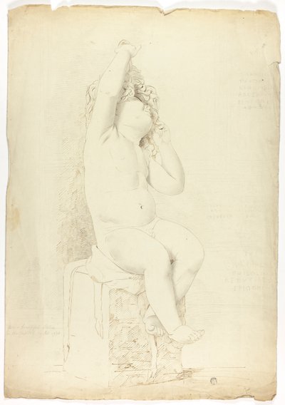 Antigua estatua de un putto sentado jugando con una máscara de John Downman