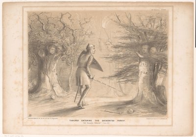 Spotprent conoció a Lord Russell como Tancredi Tancred entrando al bosque encantado. Vide Jerusalén liberada. Canto XIII (título sobre objeto) Bocetos HB (título de la serie en el objeto) de John Doyle