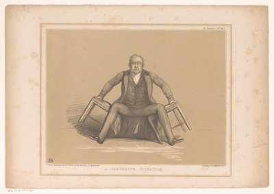 Caricatura con Robert Peel cayendo entre dos sillas Una situación peligrosa (título sobre objeto) Bocetos HB (título de la serie en el objeto) de John Doyle