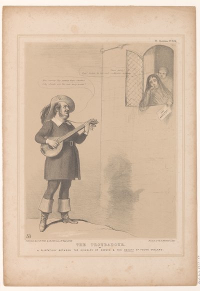 Spotprent conoció a Sir Robert Inglis como trovador El trovador, o un flirteo entre la caballería de Oxford y la belleza de la joven Inglaterra (título sobre el objeto) Bocetos HB (título de la serie en el objeto) de John Doyle
