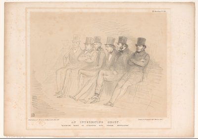 Caricatura con diferentes políticos seguidos Un grupo interesante. La desgracia nos hace conocer a extraños compañeros de cama (título sobre el objeto) Bocetos HB (título de la serie en el objeto) de John Doyle