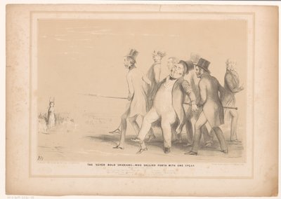 Caricatura con siete hombres atacando a una liebre con una lanza Los siete audaces suabos: - que salieron con una lanza (título sobre el objeto) Bocetos HB (título de la serie en el objeto) de John Doyle
