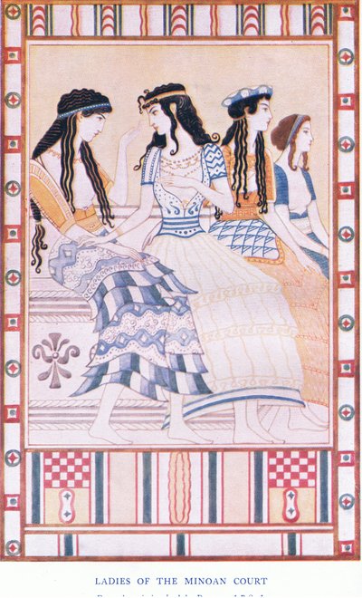 Damas de la corte minoica, ilustración de Mitos de Creta y Europa prehelénica, pub. por la Gresham Publishing Company Limited 1920