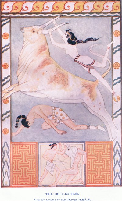 Los cazadores de toros, ilustración de Mitos de Creta y Europa Prehelénica, pub. por The Gresham Publishing Company Limited 1920s de John Duncan