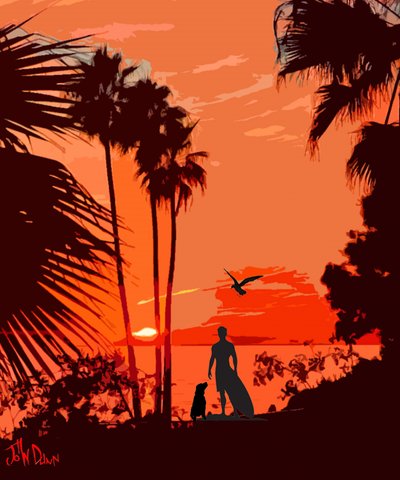 Perro surfero: atardecer tropical de John Dunn