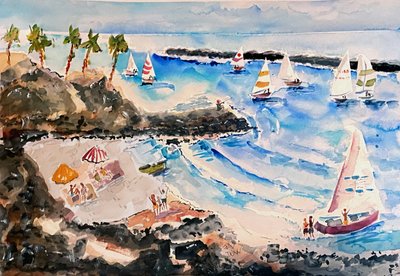 Veleros en una playa tropical de John Dunn