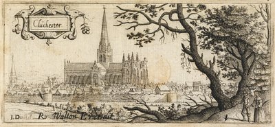 Dos figuras de pie junto a un gran árbol a la derecha en primer plano; la ciudad de Chichester a lo lejos; las murallas de la ciudad atraviesan la escena; la catedral de Chichester en el centro de la imagen, c.1660 (aguafuerte). de John Dunstall