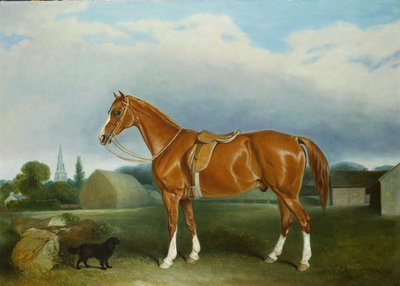 Un cazador castaño y un spaniel junto a edificios de granja de John E. Ferneley