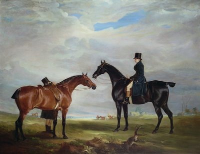 Frank Hall Standish en su cazador negro con un mozo de cuadra y un segundo caballo de John E. Ferneley