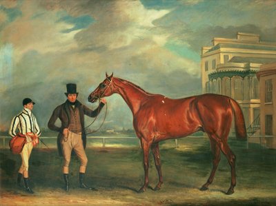 General Chasse, un caballo de carreras castaño sostenido por su entrenador, con su jockey, J. Holmes, en el hipódromo de Aintree, 1835 de John E. Ferneley