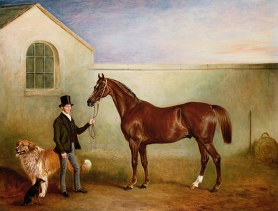 Sr. Meakin sosteniendo al Cazador Castaño de Sir Robert Peel con sus perros 