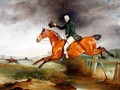 Retrato de George Marriott en su cazador bayo saltando una valla con una cacería al fondo de John E. Ferneley