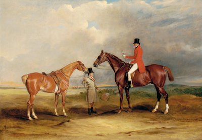 Retrato de John Drummond en un cazador con un mozo de cuadra sosteniendo su segundo caballo, en un paisaje, una partida de caza más allá, 1831 de John E. Ferneley