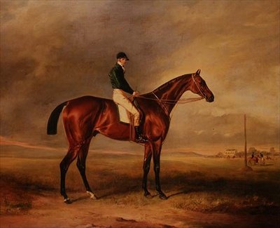 Priam, un caballo de carreras bayo montado por Sam Day de John E. Ferneley