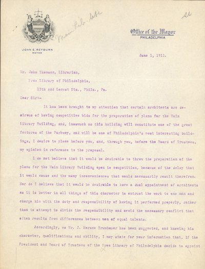 Carta del alcalde John Reyburn al bibliotecario John Thomson aprobando a Horace Trumbauer como arquitecto del edificio de la Biblioteca Principal, 1 de junio de John E. Reyburn