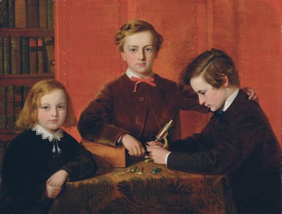 Los Jóvenes Microscopistas: Retrato de Frank, Harry y Arthur Izod Richards, de 10, 8 y 5 años, Jugando con un Microscopio de John Edgar Williams